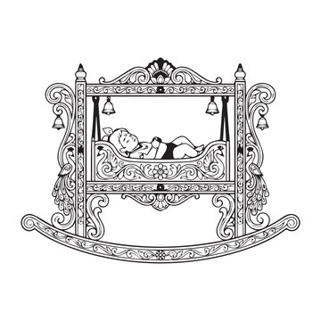 Line drawing of an empty traditional Indian wooden cradle or swing used for deities during festivals.