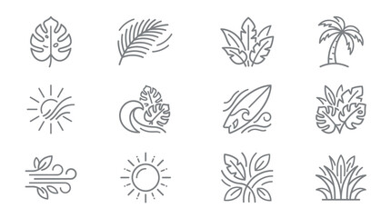 Hawaiian beach theme line icons with monstera leaves. © aisyah