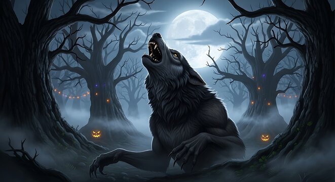 A dark wolf howls under a full moon in a spooky forest