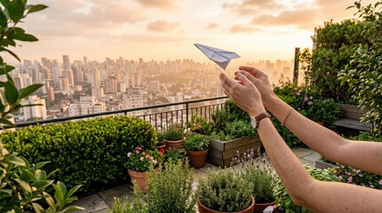 Obraz premium Female adult hands launching paper plane from rooftop garden terrace overlooking urban skyline at sunset, relaxed outdoor creative pastime among potted plants and green foliage