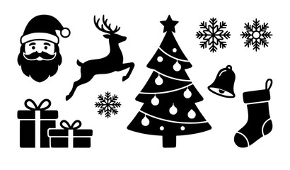 Christmas graphic elements set featuring Santa Claus face reindeer leaping decorated tree gifts stocking bell and snowflakes vector silhouettes for holiday greeting card designs. © MdIbrahimIslam
