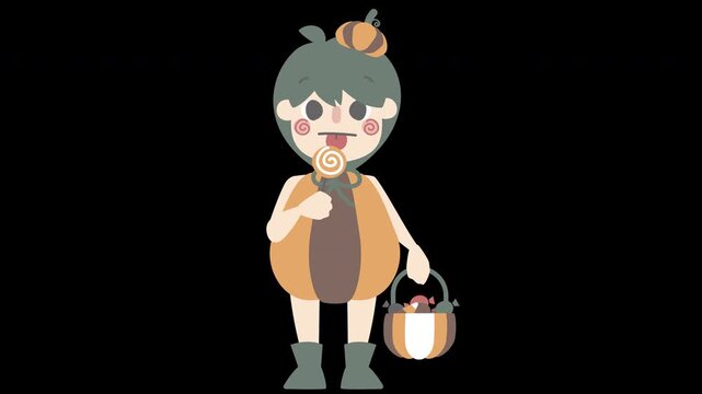 animated video happy halloween holiday festival with boy wearing pumpkin costume and lollipop, overlay transparent prores 4444 4K