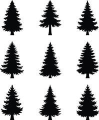 Fototapeta premium Set of Black Pine Tree Silhouettes Isolated on White Background, Evergreen Forest Icons