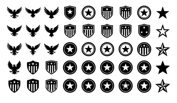 Military badge and emblem icon set vector illustration isolated on white background flat black patriotic symbols featuring stars eagles and shields for logo design