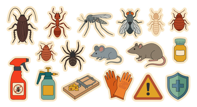 Pest Control Sticker Set with Household Insects Rodents and Extermination Equipment Symbols