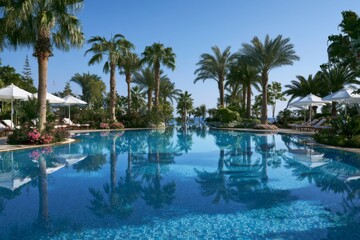 Fototapeta premium Luxury tropical resort pool with palm trees and ocean view for vacation escape