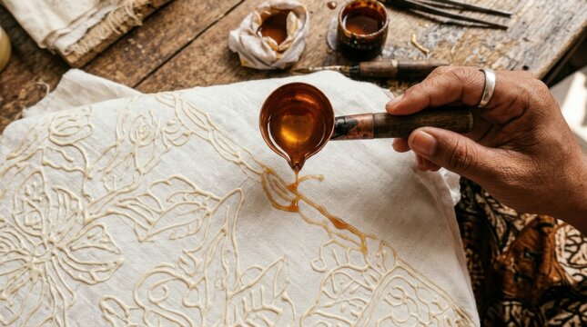 Artisan Applying Hot Wax to Fabric for Batik Pattern Creation.