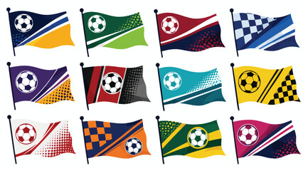 Obraz premium Collection of colorful football nation flags with soccer balls on white background