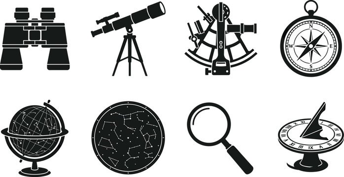 Set of black and white navigation and astronomy icons featuring telescopes, compasses, and globes