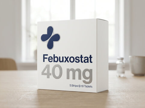 White box of Febuxostat 40 mg tablets for gout treatment
