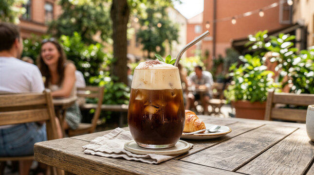 Refreshing cold brew coffee with thick creamy foam and a fresh green mint sprig served in a modern glass with a metal straw on a wooden table at a cafe