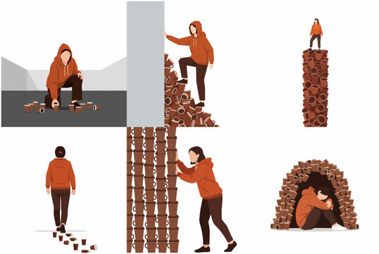 Concept of caffeine addiction and coffee dependency with a woman interacting with piles of disposable coffee cups
