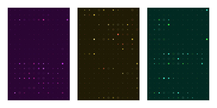 Abstract Digital Grid Backgrounds with Glowing Dots and Circles in Purple Gold and Green for Technology Design