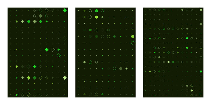 Abstract Digital Data Patterns Set with Green Geometric Shapes for Technology Backgrounds and Futuristic UI Design