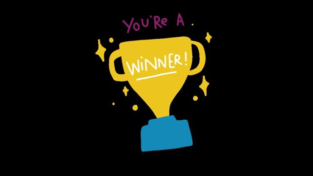 Hand drawn golden trophy cup illustration with text you are a winner on dark background for celebration and success