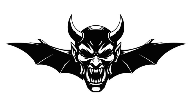 Scary Devil Face with Bat Wings, Evil Demon Head Illustration