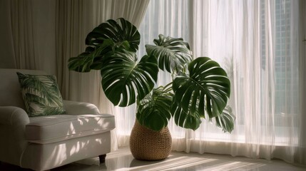 Fototapeta premium Lush Green Indoor Plant in Stylish Pot by Sunlit Window with Sheer Curtains, Elegant Living Room Decor Boosting Natural Aesthetics