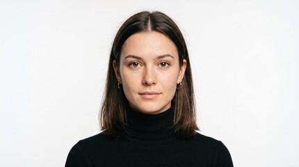 Fototapeta premium Young woman headshot on plain white background wearing black turtleneck, neutral expression frontal portrait with natural makeup and simple studio lighting for professional use