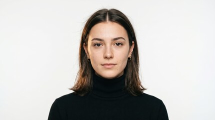 Fototapeta premium Woman young adult neutral headshot in studio with white background and black turtleneck, direct gaze and composed expression