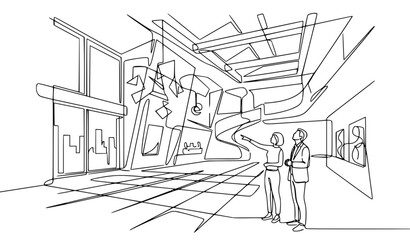 Obraz premium Abstract Continuous Line People Viewing Contemporary Architecture and Interior Space Vector Art