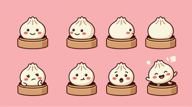 Set of cute dim sum dumpling characters with various facial expressions.