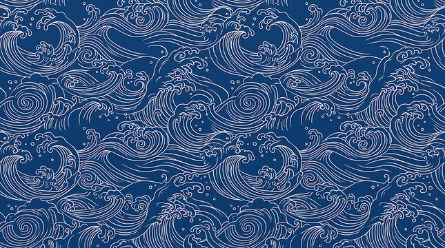 Seamless pattern with traditional Japanese style crashing ocean waves and stylized water swirls in white outline on blue background