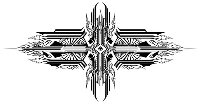 Symmetrical black and white abstract design with intricate pattern and central vertical axis on black background