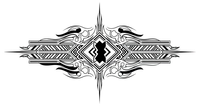 Symmetrical black and white abstract geometric pattern with central keyhole motif and decorative borders