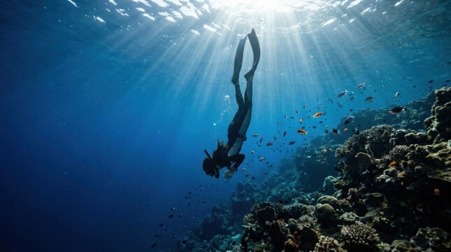 Freediver Descends into Sunlit Ocean Depths Near Coral Reef.