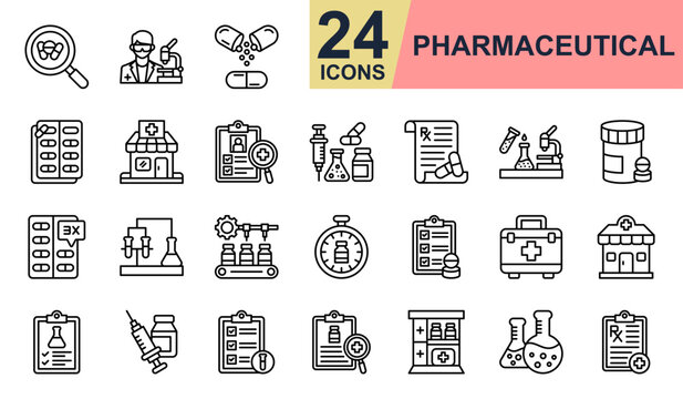 Pharmaceutical Icons set vector illustration. Containing Medical Lab, Prescription, Test Tube, Pharmacy, Experiment Results and more. Simple line icons collection.
