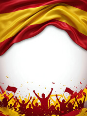 Waving flag of Spain draped over a white background with silhouettes of cheering crowds, fans holding flags, red and yellow paint splashes, and confetti for national celebrations.