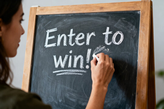 Close-up of Lettering Enter to Win on Small School Slate Blackboard Over Dark Wood Table