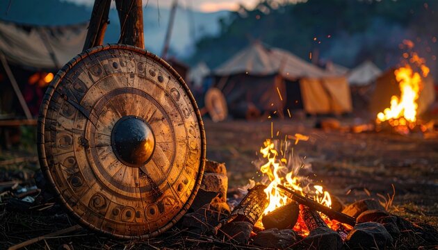 Viking Shield and Campfire at Dusk with Tents in Background, Ancient Warrior Camp Scene, Historical Norse Settlement, Evocative Evening Lighting, Outdoor Atmosphere, Copy Space