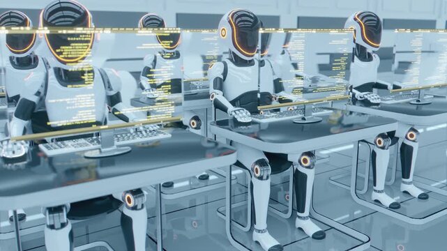 Endless 3d loop of futuristic humanoid robots working at computers. Concept of mass production, factory automation, robotics industry and advanced technology workforce in a sci-fi warehouse