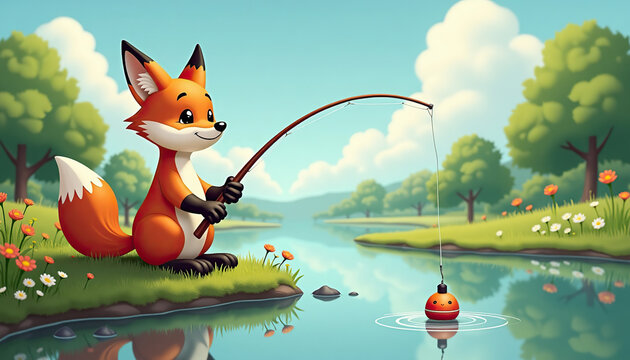 Cute fox fishing in a tranquil river landscape with colorful flowers