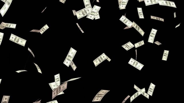 Money rain 4k videos. 100 Dollar bills falling down, Money explosion overlay isolated chroma key. Banknotes money flying down animation loop. American money paper one hundred dollars banknotes.