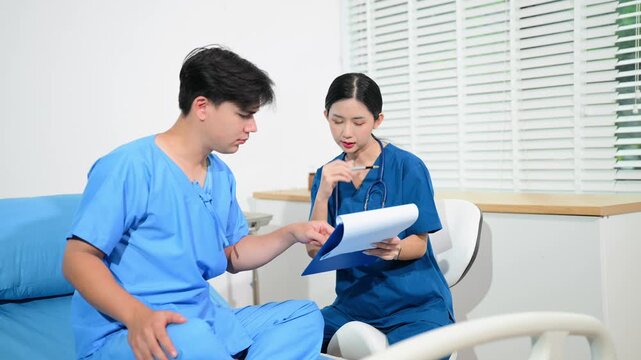 Healthcare worker assessing a patient with cough in a hospital room. Medical consultation, diagnosis, treatment, respiratory care and professional healthcare concept.