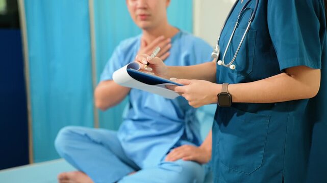 Healthcare worker assessing a patient with cough in a hospital room. Medical consultation, diagnosis, treatment, respiratory care and professional healthcare concept.