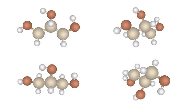 3D Render Glycerin Chemical Structure Molecule Model Glycerol Propane-1,2,3-triol C3H8O3 Spherical Atoms Bonding Ball-and-Stick Representation Scientific Visualization Pharmaceutical Industrial, DFT