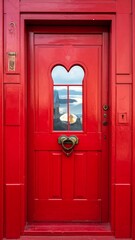 Obraz premium A bright red wooden door with a heart-shaped window and matching knocker