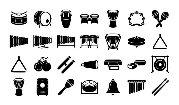 Musical Percussion Instruments Black Silhouette Icon Set with Drums and Rhythm Symbols