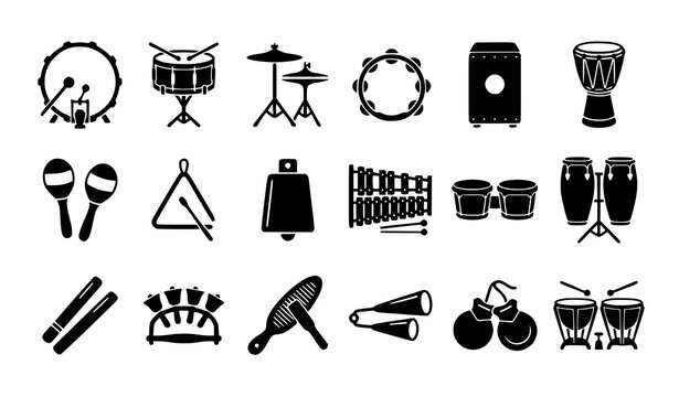 Minimal Percussion Instrument Icons Black Silhouette Vector Bundle with Drums and Rhythm Tools
