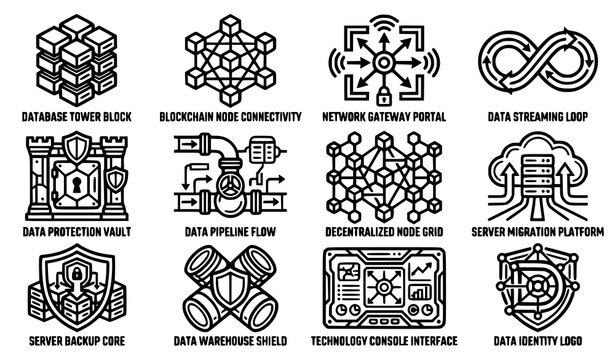 Bold line database vector icons set with abstract server infrastructure and big data logo symbols for tech businesses