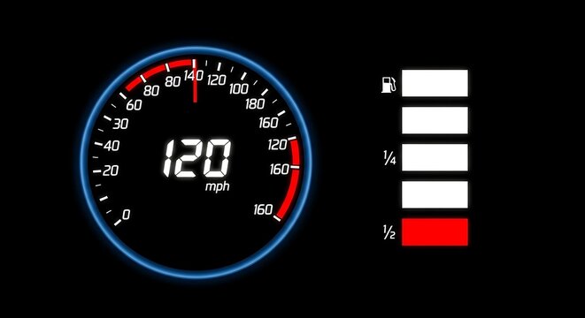 A digital speedometer display with a blue border shows 120 mph on a black background