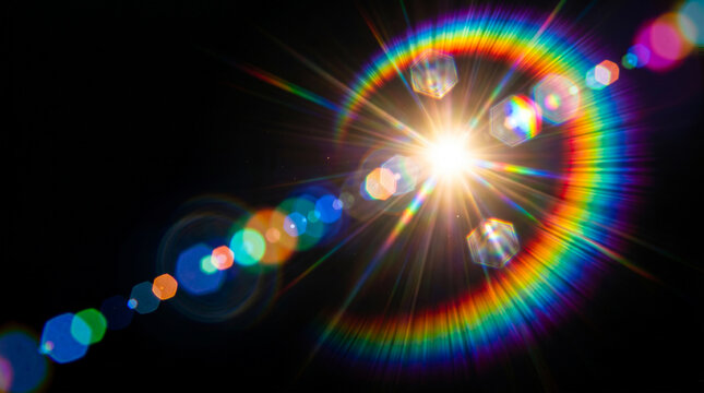 Bright circular lens flare effect featuring vibrant rainbow colors radiating from a central white light source on black background space