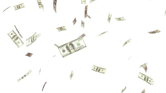 Money explosion overlay isolated chroma key. Banknotes money flying down animation loop. American money paper one hundred dollars banknotes. Money rain 4k videos. 100 Dollar bills falling down, 