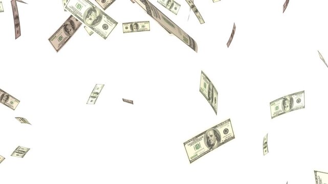 Money explosion overlay isolated chroma key. Banknotes money flying down animation loop. American money paper one hundred dollars banknotes. Money rain 4k videos. 100 Dollar bills falling down, 