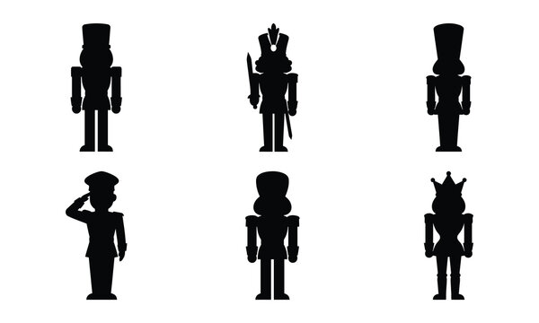 Set of black silhouettes of christmas nutcracker soldiers in different positions.