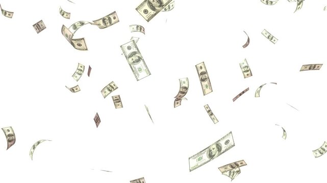 Money explosion overlay isolated chroma key. Banknotes money flying down animation loop. American money paper one hundred dollars banknotes. Money rain 4k videos. 100 Dollar bills falling down, 