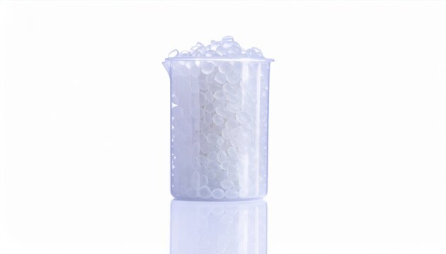 Translucent plastic pellets fill a clear laboratory beaker, isolated on a white background, showcasing raw polymer material for industrial manufacturing processes.